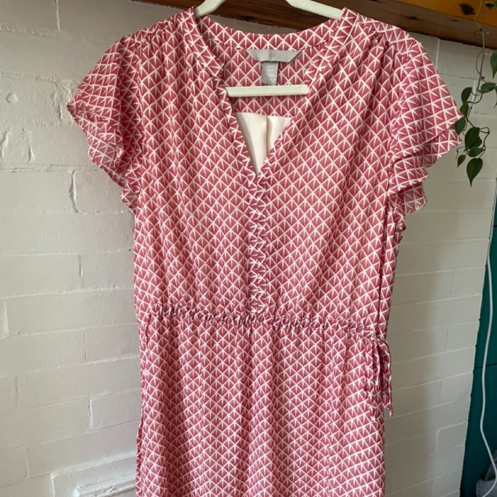 H&M Red & White patterned waist tie dress short sleeves size 12